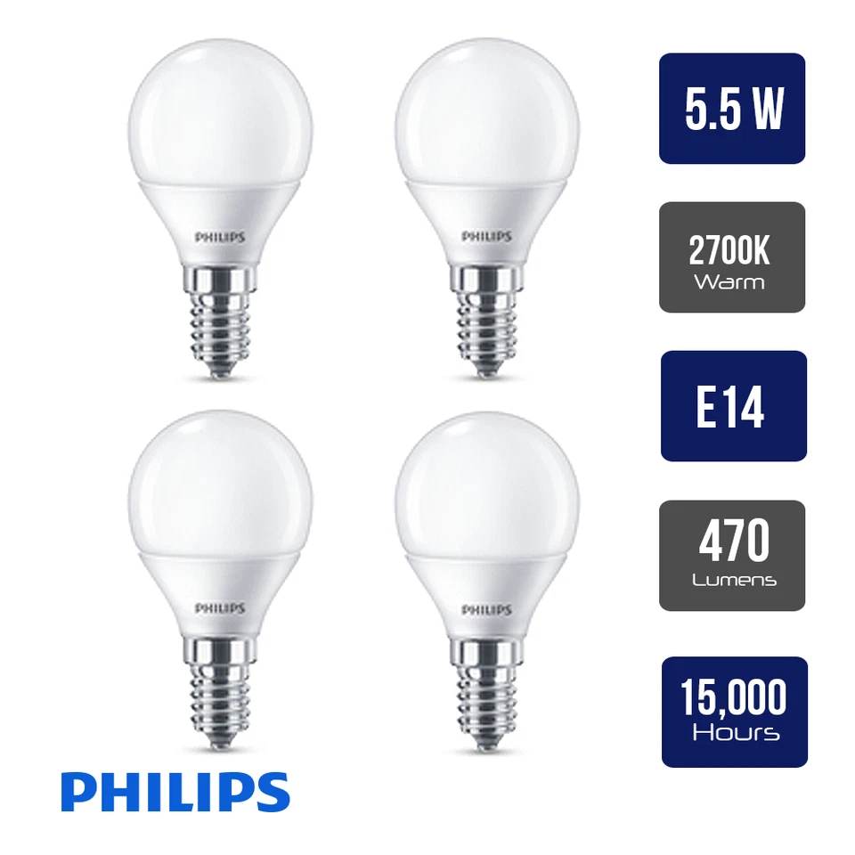 Philips CorePro 5.5W E14 LED Golfball Bulb 2700K Warm White Frosted 4 Pack - Image 2 of 4