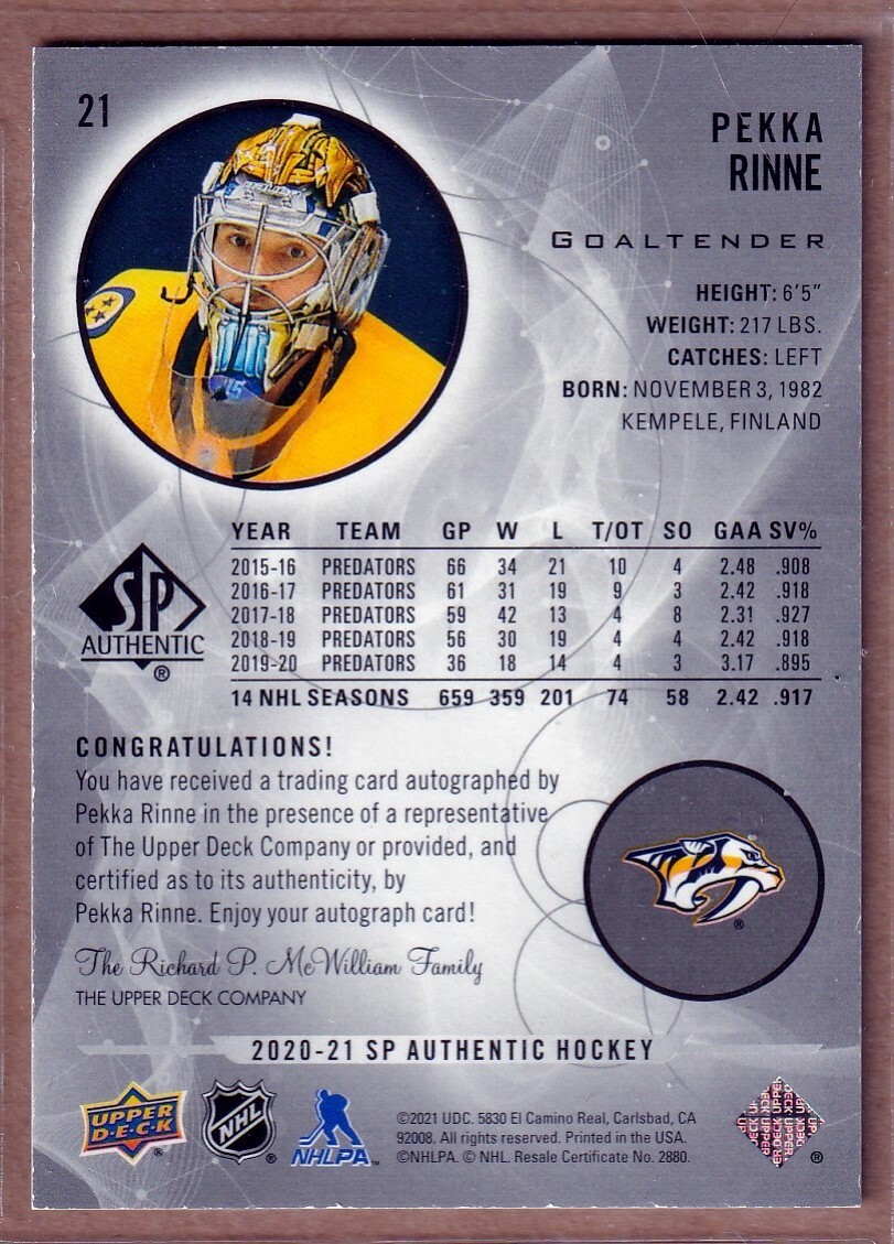 2020-21 SP Authentic Limited Autographs Black #21 Pekka Rinne AUTO
