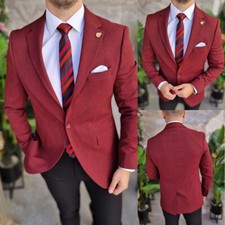 Formal Red Men's Solid Wedding Suit Single Breasted Jacket Peak Lapel Blazers