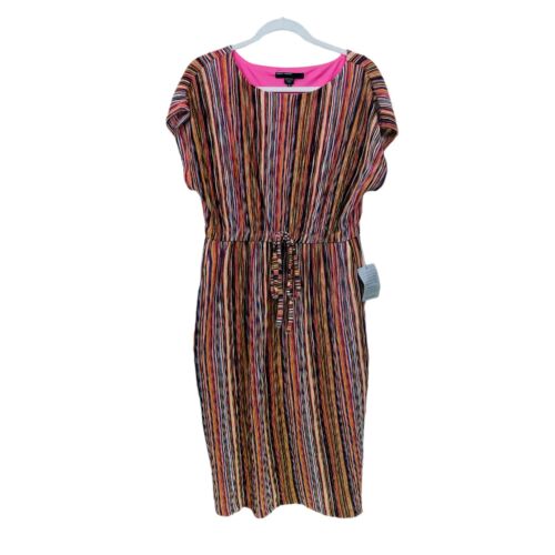 Abito midi Maggy London taglia 8 righe manica dolman elastico in vita tasche NUOVO