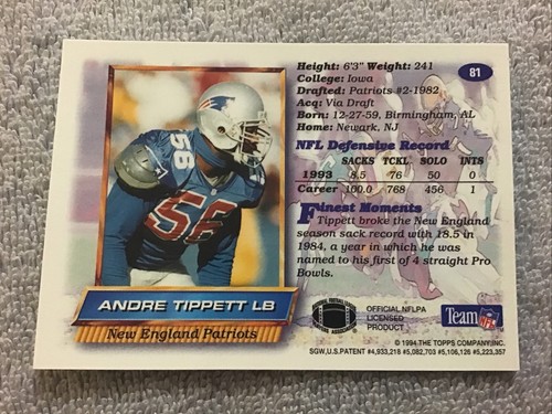 1994 Topps Finest ANDRÉ TIPPETT #81 Refractor Parallel New England Patriots - Picture 3 of 3