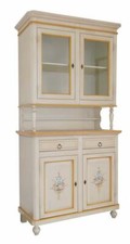 CREDENZA + VETRINA NAPOLETANA  IN LEGNO, COLORE BIANCO ANTICATO DECORATO