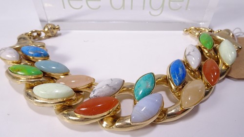 Lee Angel Women's Multi Color Natural Jem Stone Brass Link Bracelet NWT 300 - Picture 3 of 17
