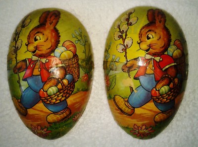 Large German Papier Paper Mache Easter Egg 8 1/4'' Easter Bunny with Basket