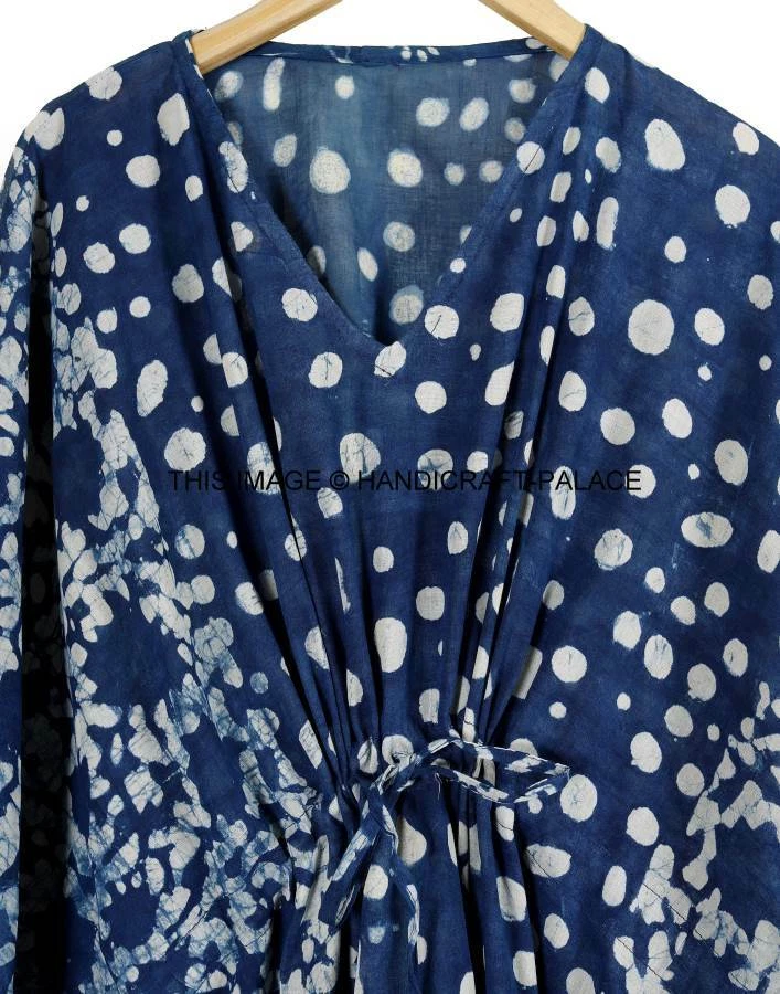 Anokhi,Vintage Indian Block Print Cotton Kaftan Long Maxi Dress Indigo Caftan - Image 2 of 3