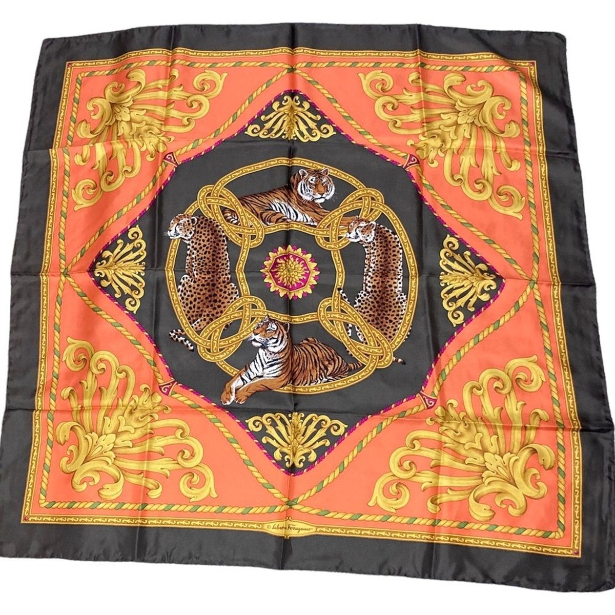 Salvatore Ferragamo Safari Tigers Gold Silk Scarf Vintage hand