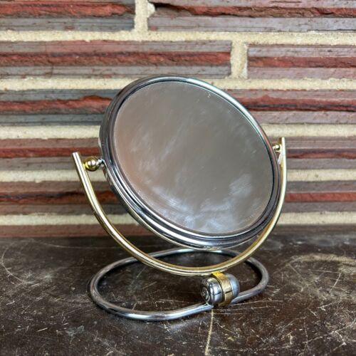 Vintage Składane podróżne przenośne lustro srebrne złoto odcień okrągłe koło stojące - Zdjęcie 1 z 3