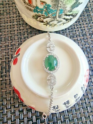 Genuine Translucent Light Green 2.25ct Jadeite Jade (Type A) 925 Silver Bracelet