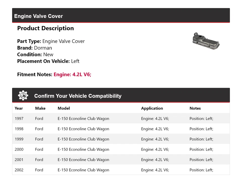 For 1997-2002 Ford E-150 Econoline Club Wagon 4.2L V6  Dorman Engine Valve Cover - Image 2 of 4