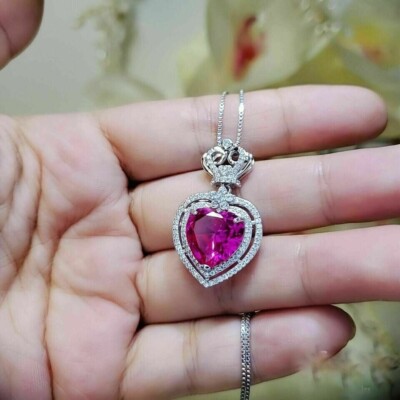 3,10 ct Herzschliff Laborgefertigt Rosa Saphir Heiligenschein Anhänger Kette 18'' in 925 Silber