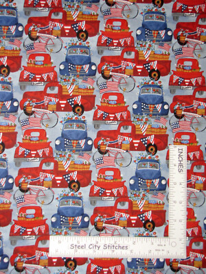 USA July 4 Trucks Patriotic Fabric By the Yard Cotton by 3 Wishes