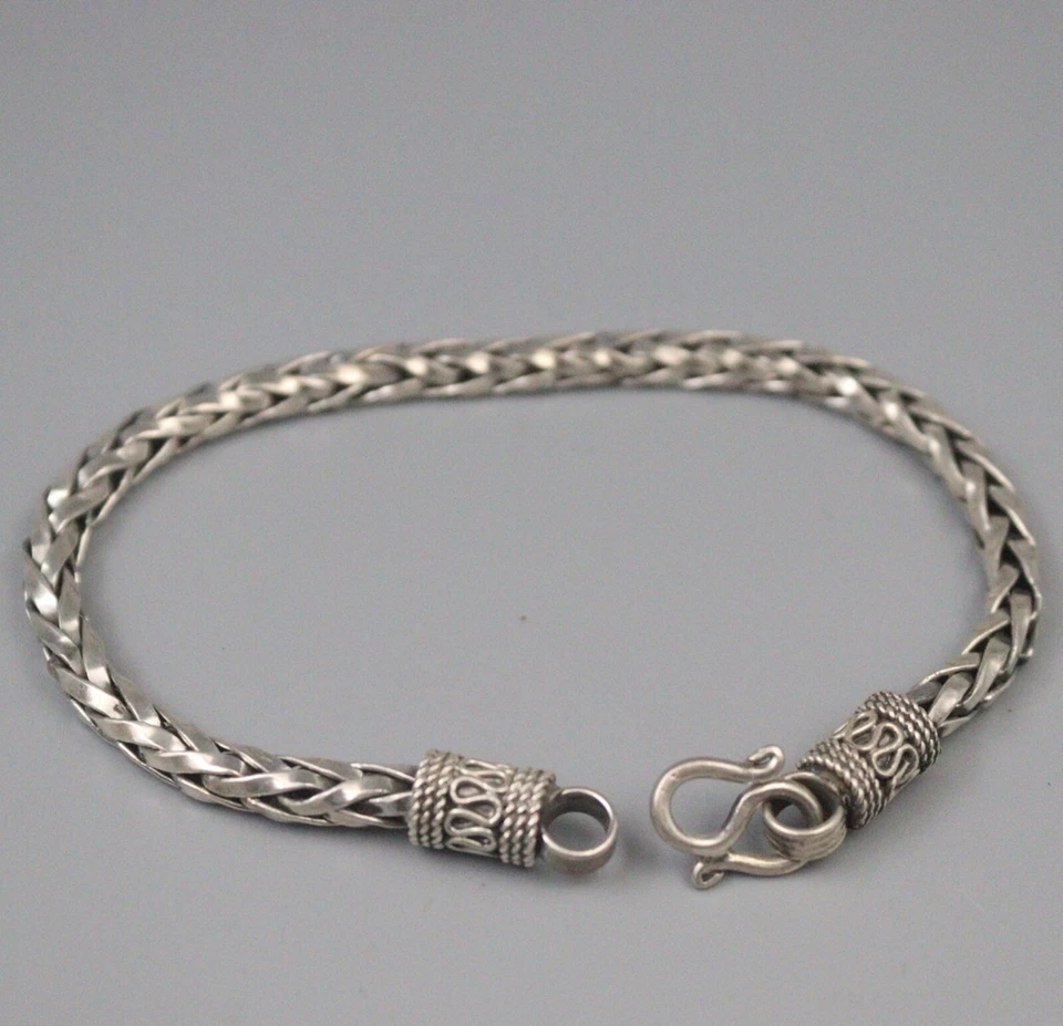1PC Real 925 Sterling Silver Chain Men Round Wheat Foxtail Braided Bracelet 22g - Image 3 of 4