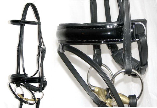 FSS Bridle PATENT Leather JET BLACK GLOSS Comfort Padded Poll Dressage Reins NEW