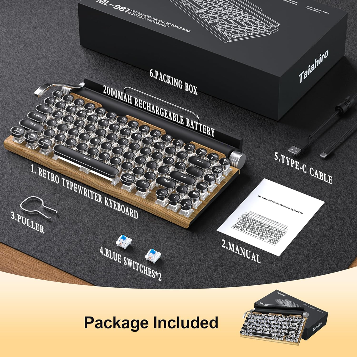 Taiahiro Retro Typewriter Keyboard - Wireless Mechanical