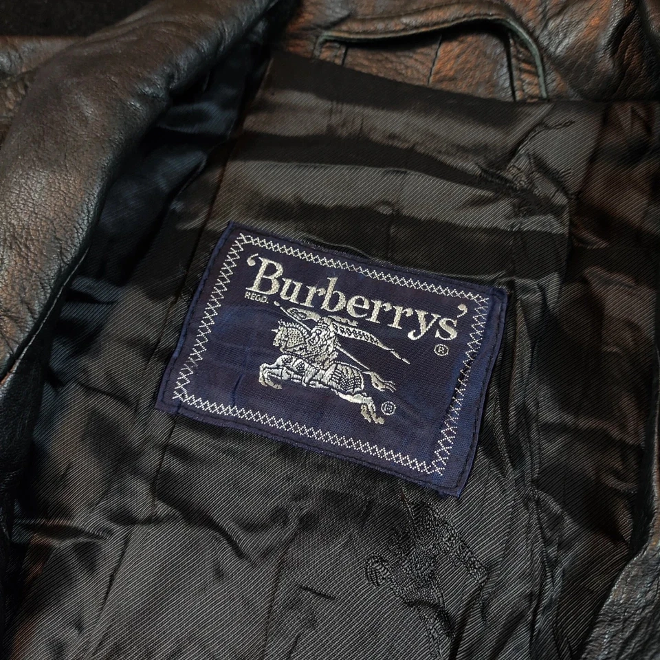 Vintage Burberry's Leather Jacket Mens 48 Black Full Zip Long Coat Outdoors 80s - Image 3 of 4