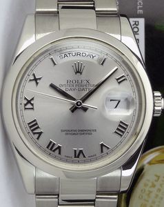 ROLEX-Men-039-s-18kt-White-Gold-PRESIDENT-DayDate-Silver-Roman-118209-SANT-BLANC