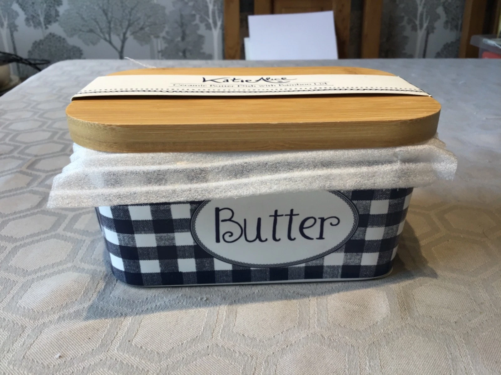 Katie Alice Vintage Indigo Blue & White Ceramic Butter Dish with Bamboo Lid