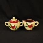 Stangl Magnolia Creamer & Sugar Bowl w/Lid Hand Painted Maroon Green Engobe 1958