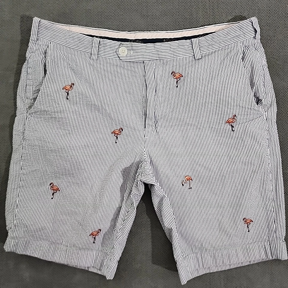 Brooks Brothers Men’s Size 38 Seersucker Flamingo Embroidered  Shorts Striped  - Image 2 of 4