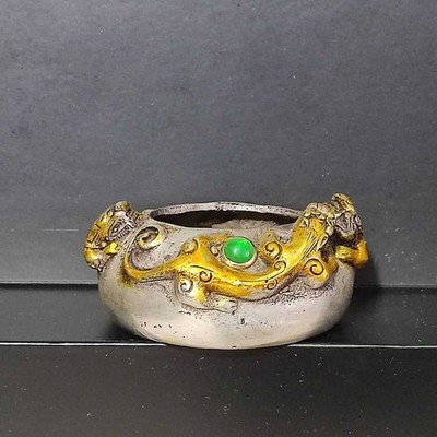 Pure Copper Silver Plated Gecko Dragon Inlaid with Emerald Gemstone Pen Wash
