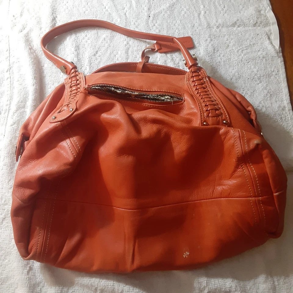 Cartera de cuero naranja Aqua Madonna bolso de mano forro con estampado de serpiente 15x10" Foto 3 de 4