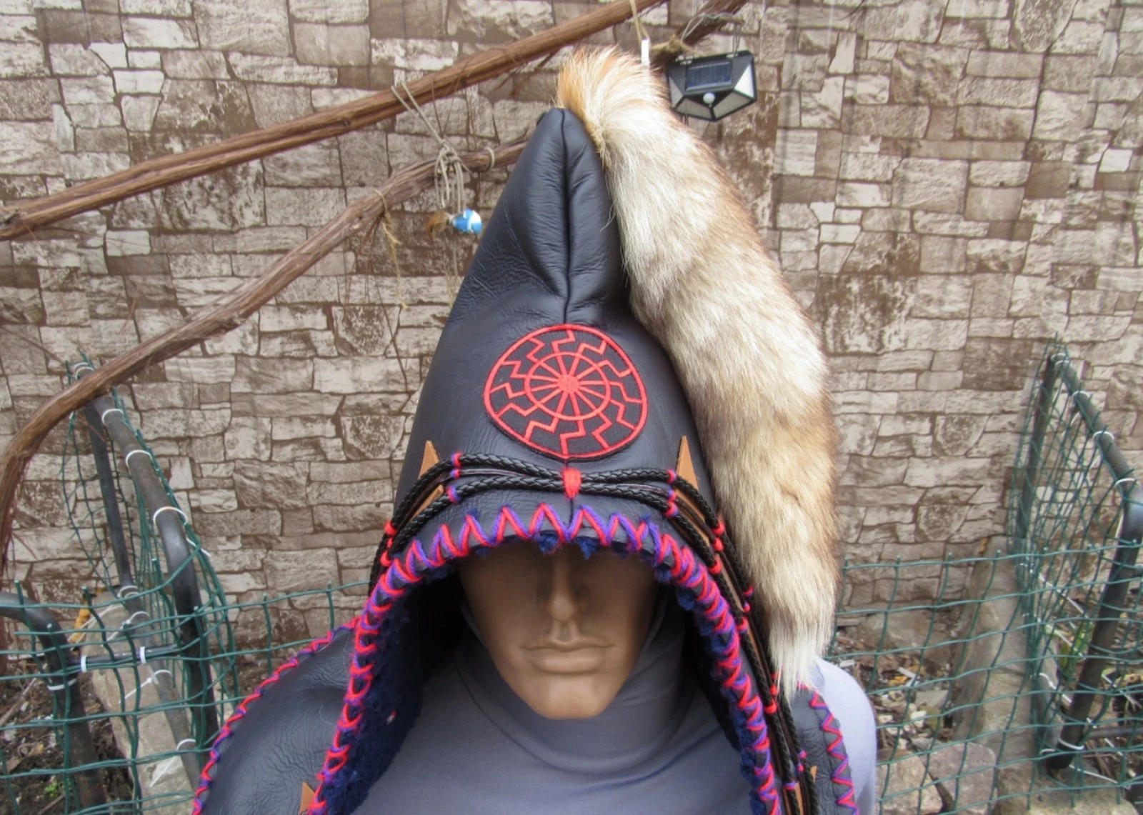 Scythian-Animal Style Winter Hat Handmade 100% Sheepskin Leather & Fox Tail #1