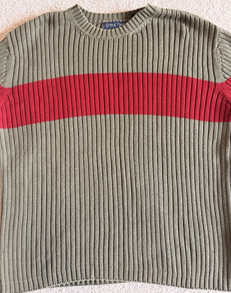 Vintage Structure Men's Crewneck Ribbed Sweater Size XL Green With Red Stripe - Image 3 of 4