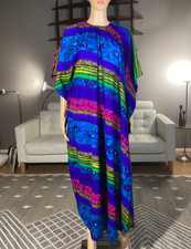 Vintage Hawaiian Bright Multicolor Hibiscus Tropical Tiki Caftan Dress Maxi