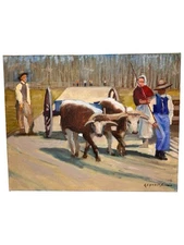 Signed oil painting Ox Oxen Bull Wagon Farm Amish? 20 X 16”