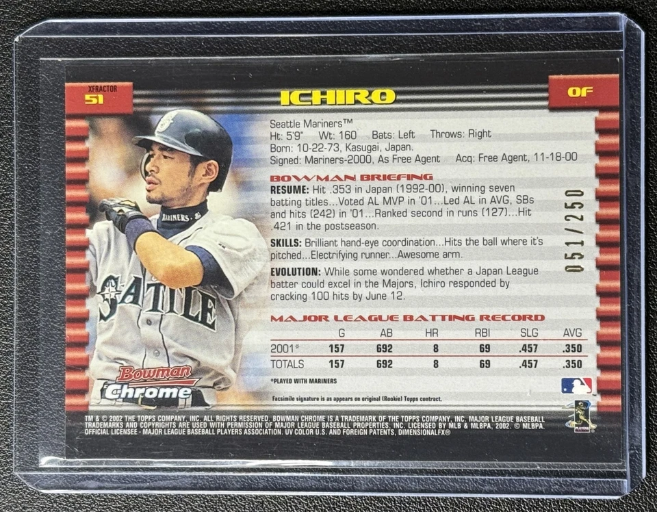 ICHIRO SUZUKI 2002 BOWMAN CHROME #51 X-FRACTOR REFRACTOR MARINERS RARE 51/250 - Image 2 of 2