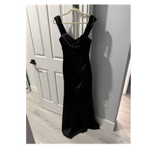 Black Satin Maxi Dress Off Shoulder Ruched Side Slit Zip Formal S