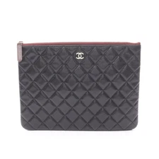 CHANEL Matelassé Clutch Bag Leather Black Gold Hardware with Guarantee #RC2631
