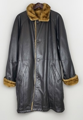 Mens XLD Genuine Black Leather Jacket Vintage Reversible Brown Faux Fur Size L