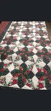 VTG Handmade Christmas Patchwork Quilt 94x84 Holly Floral Red Green Pinwheel