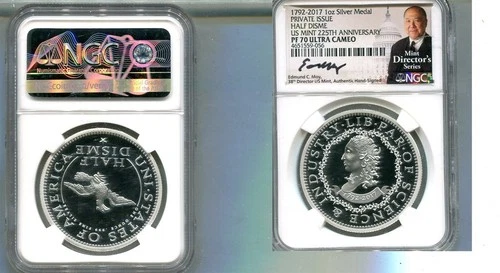 HALF DISME US MINT PRIVATE ISSUE MOY SIGNED 1 OZ .999 FINE SILVER MEDAL NGC PF70
