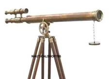 Antique Nautical Floor Standing Brass Telescope With Wooden Tripod Stand 64 Inch