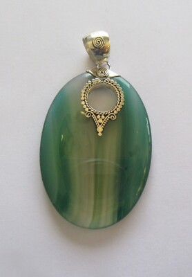  Sterling Silber Anhänger - oval - grün - gestreiftes Design - Naturstein poliert