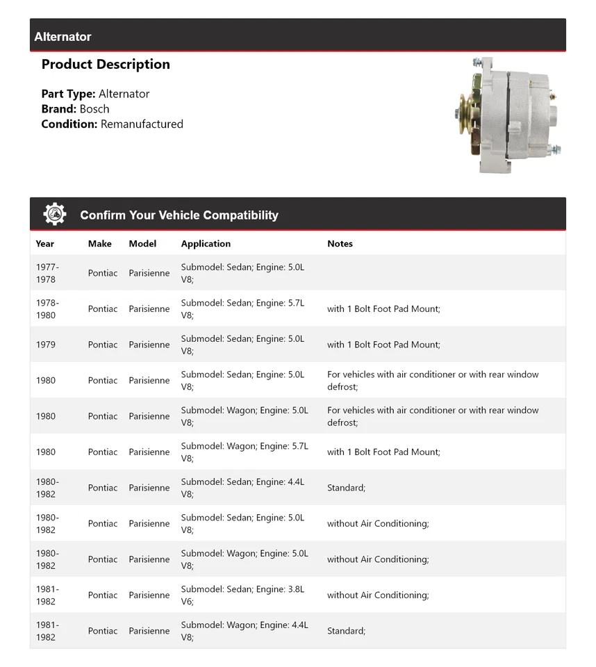 Alternador para Pontiac Parisienne Bosch 1977-1982 (remanufacturado) 1978 1979 Foto 2 de 4