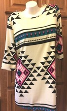 Peach Love Cream California Aztec Print Lined 3/4 Sleeve Dress Misses Size M NWT