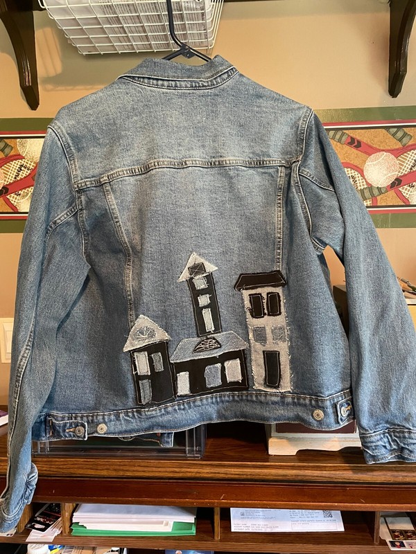 Woman Old Navy Denim Jacket, XL, Back Patchwork, Houses, Cotton Faded Blue Jean