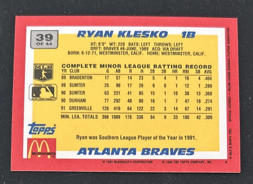 1992 Topps McDonalds Ryan Klesko Baseball’s Best Gold #39 de 44 Braves FR/GD Foto 2 de 2