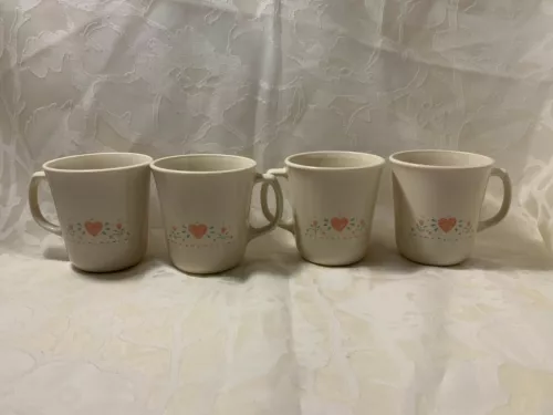 4 CorningWare Coffee Cocoa Tea Cups USA Heart Flower Design 
