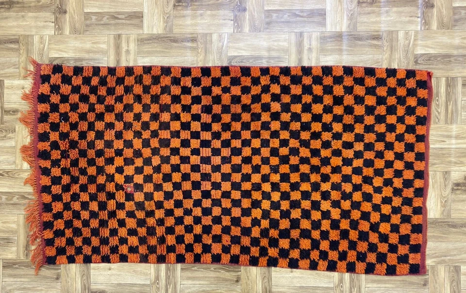 Handmade Checked Runner Rug,Solid Carpet,Living Room Rug,Berber Check Area,3x7ft - Image 2 of 4
