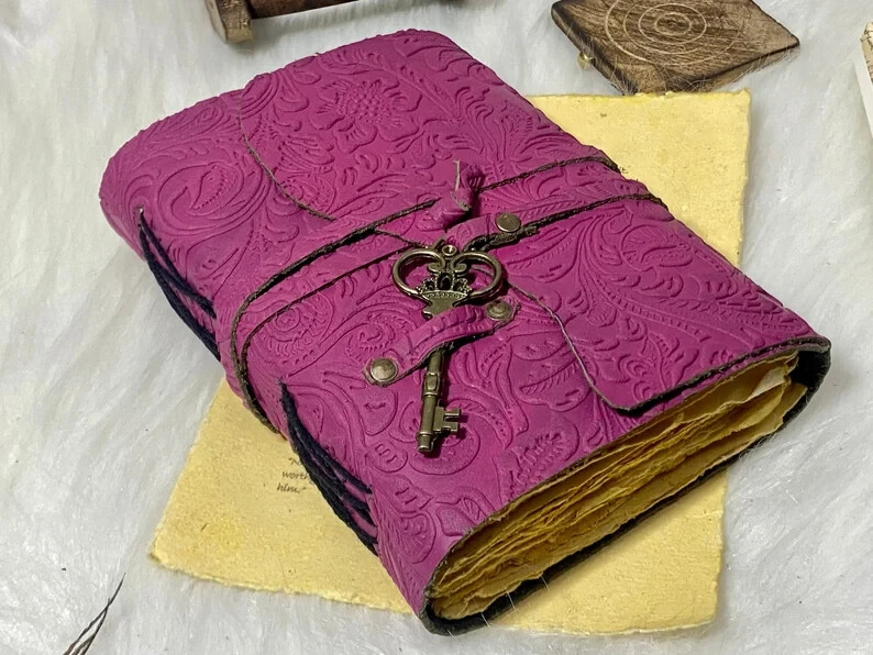 Vintage Pink Flower Embossed Leather Journal Notebook for Book of Shadows  