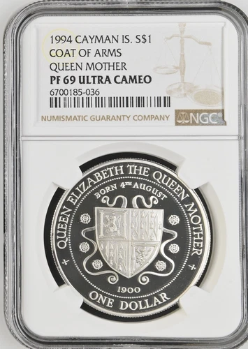 1994 Cayman Islands silver 1 Dollar Coat Of Arms Queen Mother NGC PF 69 UC