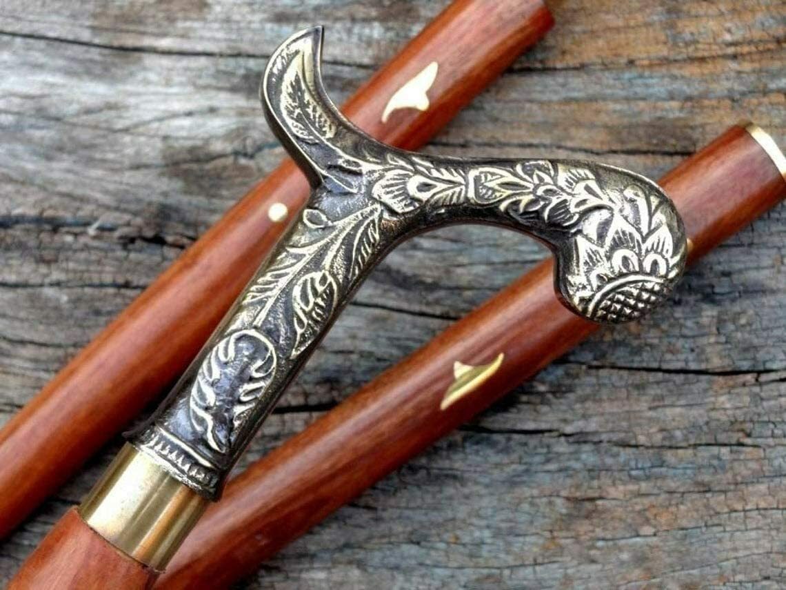 Victorian Antique Solid Brass Elegant Handle Wood… - image 1