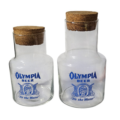 Olympia Beer Glass Jar Set of 2 Cork Lid Promotional Blue Logo Vintage Canisters