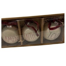 Rae Dunn Christmas Ornaments 3 Pc. Amen Faith Love Ceramic Buffalo Plaid Ribbon
