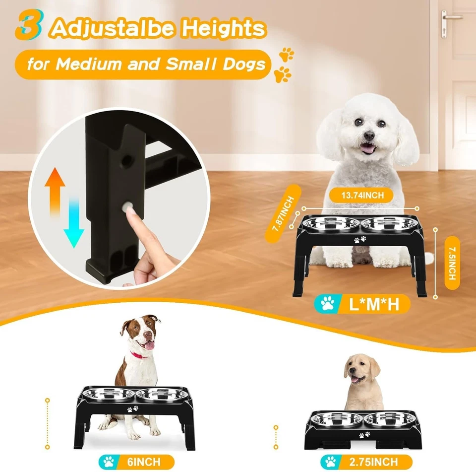 Soporte de cuenco ajustable en altura para perros con 2 cuencos duraderos de acero inoxidable en negro Foto 4 de 4