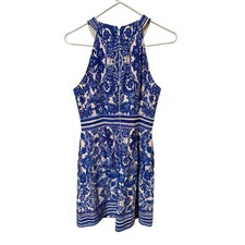 Eliza J Size 8 Blue White Pattern Halter Neck Mini Dress